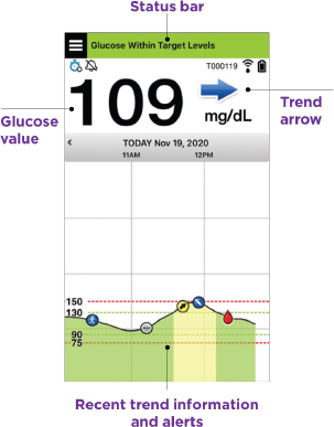 Blood glucose monitor displays 109 mg/dL with a right-pointing trend arrow. A graph shows glucose levels over time.